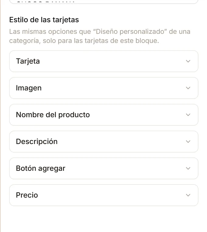 La sección Estilo de las tarjetas de un bloque de productos, con los grupos Tarjeta, Imagen, Nombre del producto, Descripción, Botón agregar y Precio.