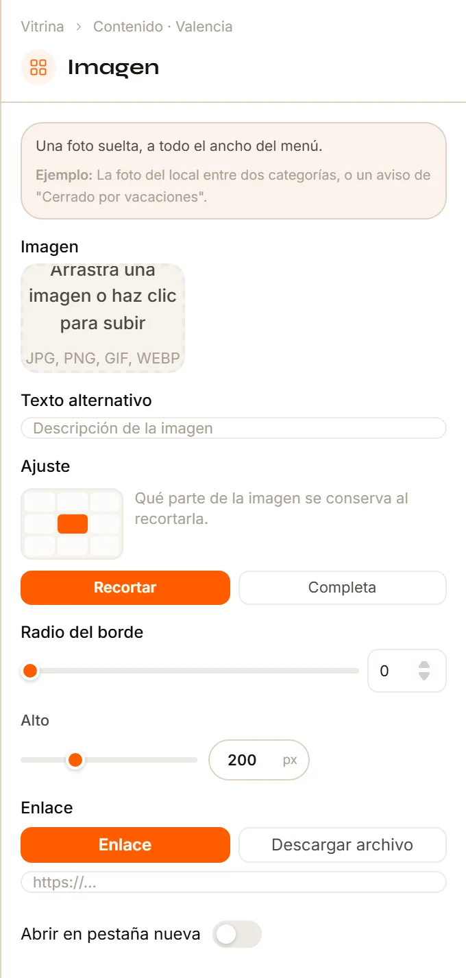 El Inspector del bloque Imagen con la imagen, el texto alternativo, el ajuste, el radio, el alto y el enlace.