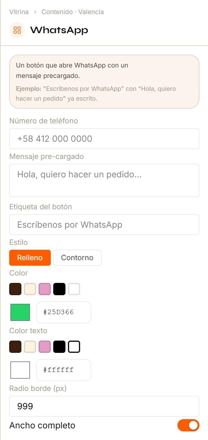 El Inspector del bloque WhatsApp con el número, el mensaje precargado, la etiqueta, el estilo, los colores y la redondez.