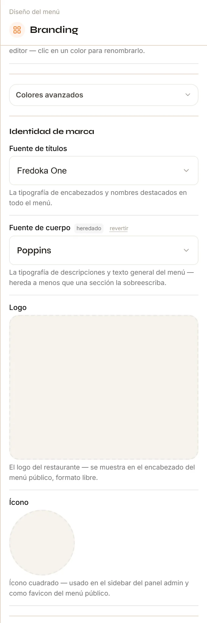 El grupo Identidad de marca con Fuente de títulos, Fuente de cuerpo, Logo e Ícono.