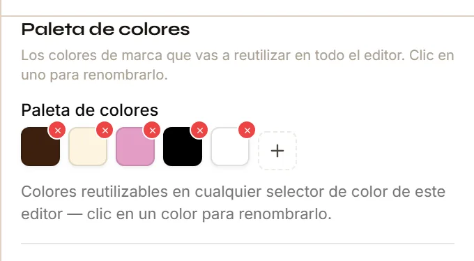 El grupo Paleta de colores del Inspector con varios colores guardados y el botón para agregar uno nuevo.