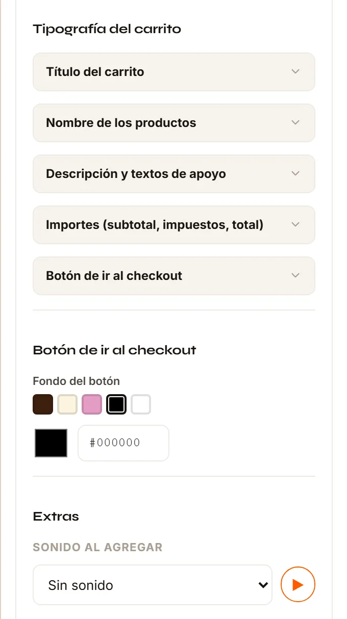 La tarjeta Tipografía del carrito con sus cinco editores plegados, la tarjeta Botón de ir al checkout y la tarjeta Extras con el sonido al agregar.