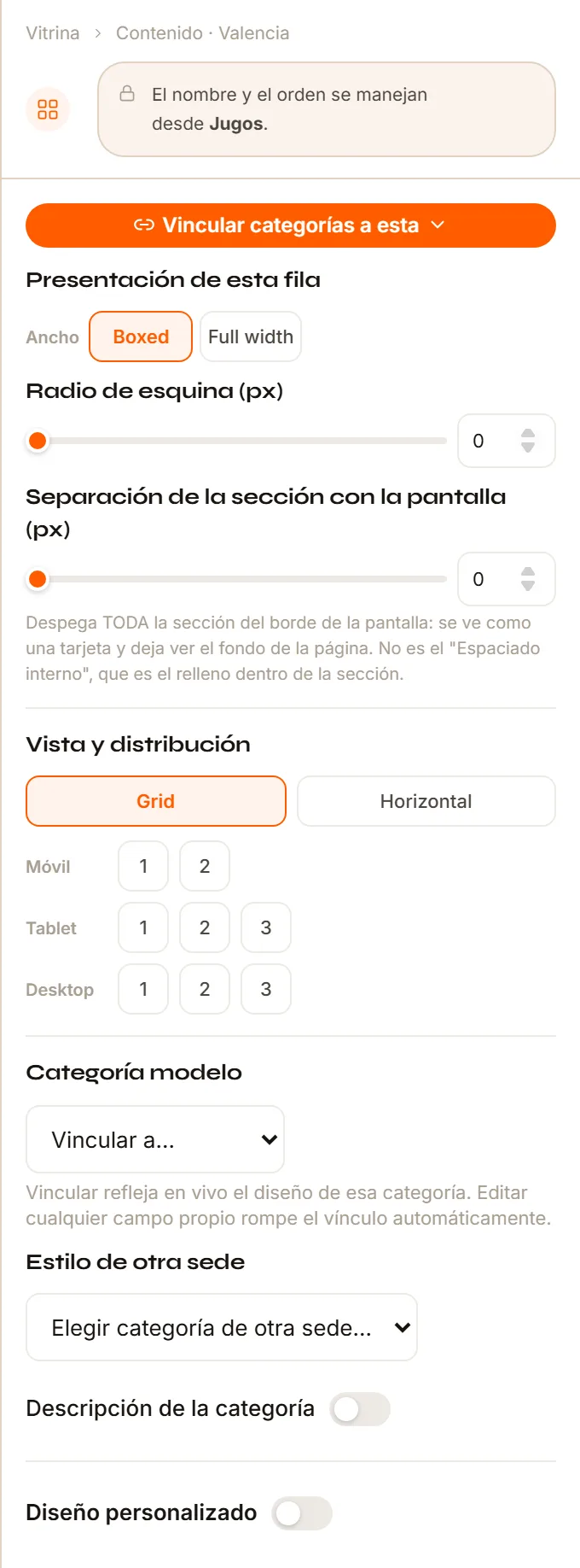 El Inspector de una categoría con sus grupos: Vincular categorías, Presentación de esta fila, Vista y distribución, Categoría modelo, Descripción de la categoría y Diseño personalizado.