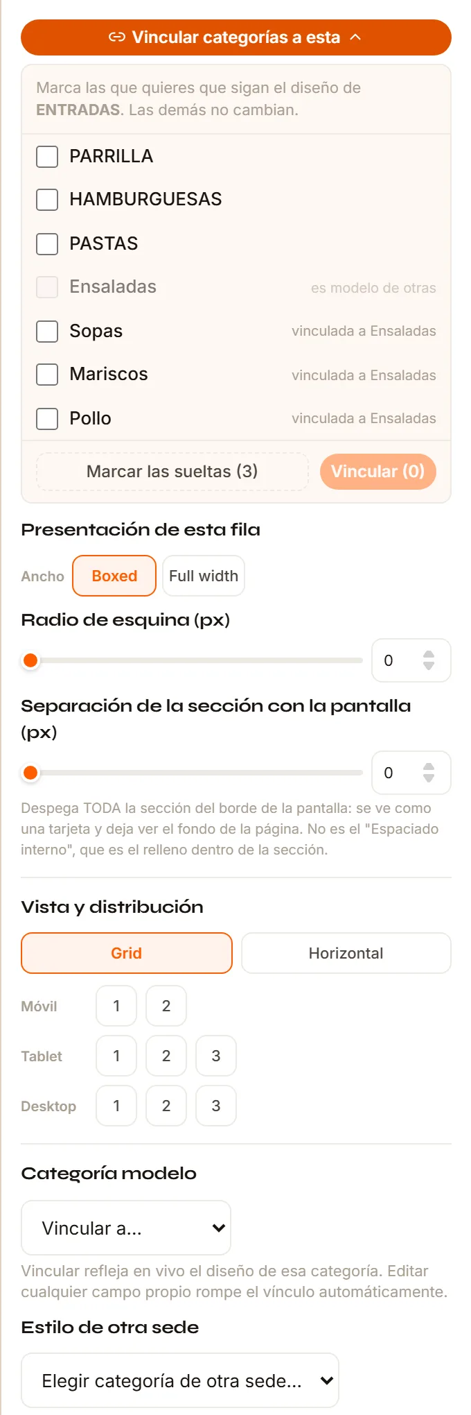 El grupo Vincular categorías a esta con la lista de categorías, los botones Marcar las sueltas y Vincular, y el selector de Categoría modelo.
