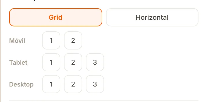 El grupo Vista y distribución con los botones Grid y Horizontal y las columnas para Móvil, Tablet y Desktop.