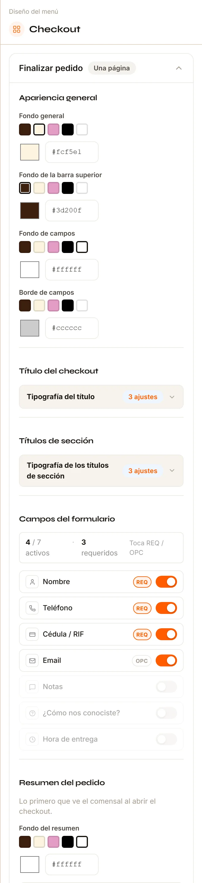 El Inspector del Checkout con sus grupos: Apariencia general, Título del checkout, Títulos de sección, Campos del formulario, Resumen del pedido y los demás.