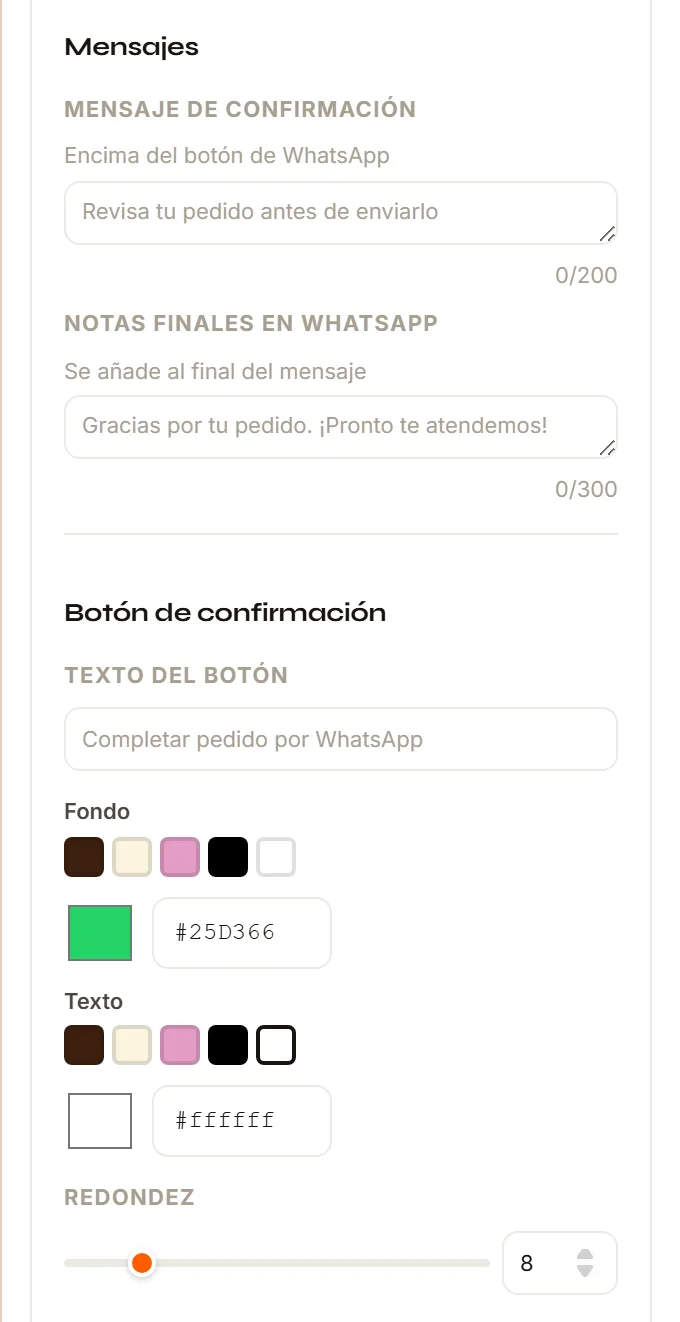Los grupos Mensajes y Botón de confirmación del Inspector del Checkout.
