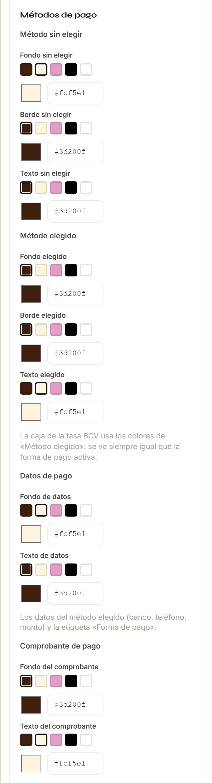 Los grupos Métodos de pago, Datos de pago y Comprobante de pago del Inspector del Checkout, con los colores de método sin elegir y método elegido.