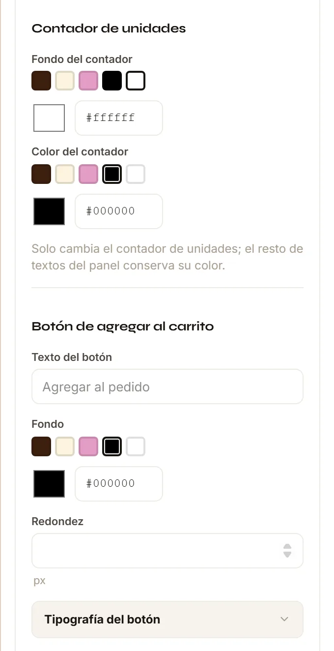 Las tarjetas Contador de unidades y Botón de agregar al carrito del Inspector de Detalle.