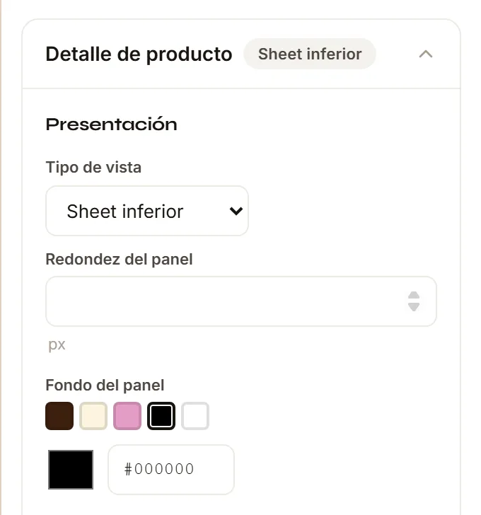 El Inspector de Detalle con el grupo Presentación: Tipo de vista, Redondez del panel y Fondo del panel.