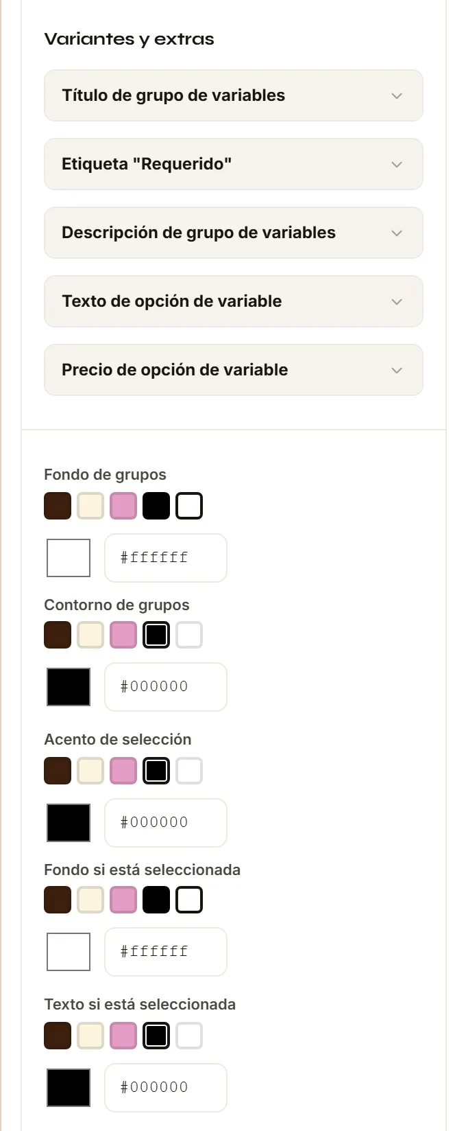 La tarjeta Variantes y extras del Inspector de Detalle, con los editores de tipografía plegados y los colores de grupos y selección.