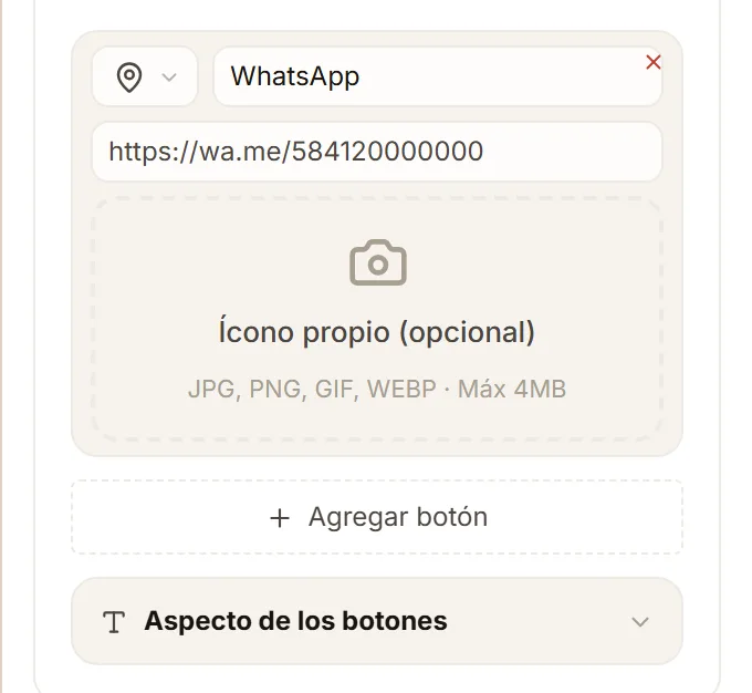 La tarjeta Botones de acceso rápido con un botón configurado (ícono, etiqueta, enlace e ícono propio), el botón para agregar y el bloque Aspecto de los botones.