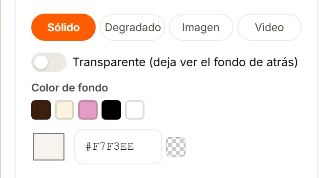 La tarjeta Fondo del encabezado con las pestañas Sólido, Degradado, Imagen y Video y los controles del fondo sólido.