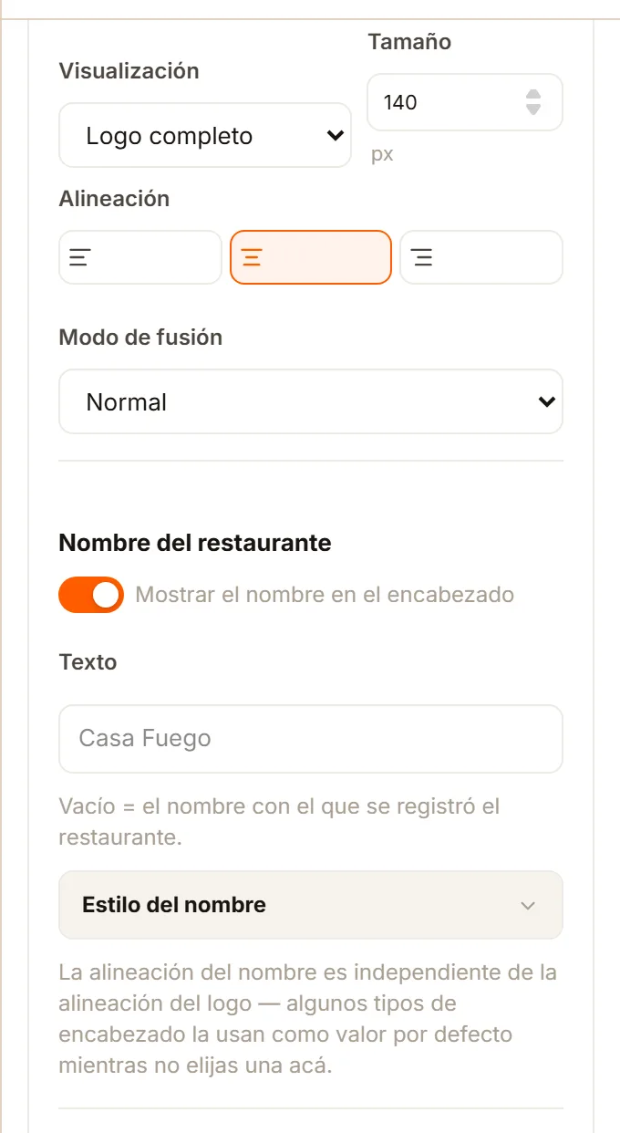 Las tarjetas Logo y Nombre del restaurante del Inspector del Encabezado.