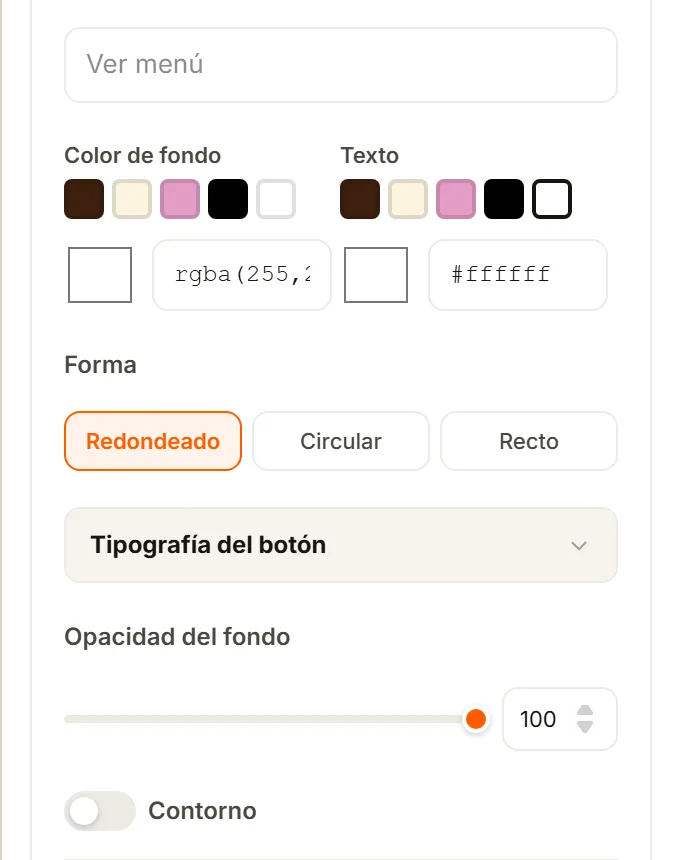 La tarjeta del botón «Ver menú» en el Inspector: texto, colores, forma, tipografía, opacidad y contorno.