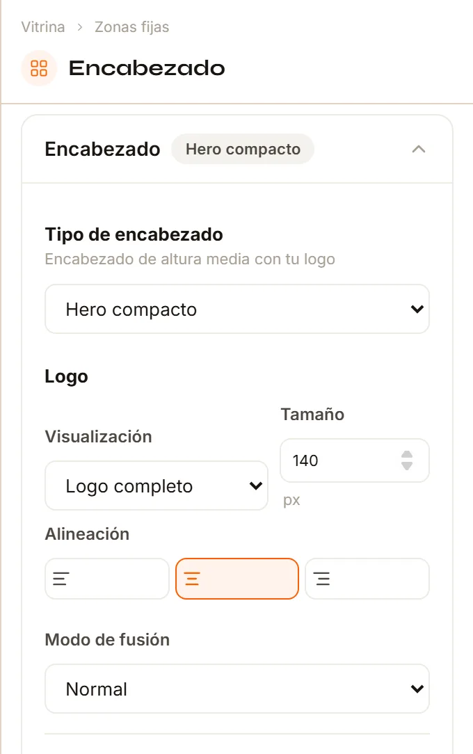El Inspector del Encabezado con el selector «Tipo de encabezado» y, debajo, los ajustes de Logo y Nombre del restaurante.