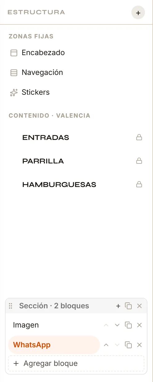 La columna Estructura con categorías con candado, una sección con sus bloques dentro y los botones para agregar, mover, duplicar y eliminar.