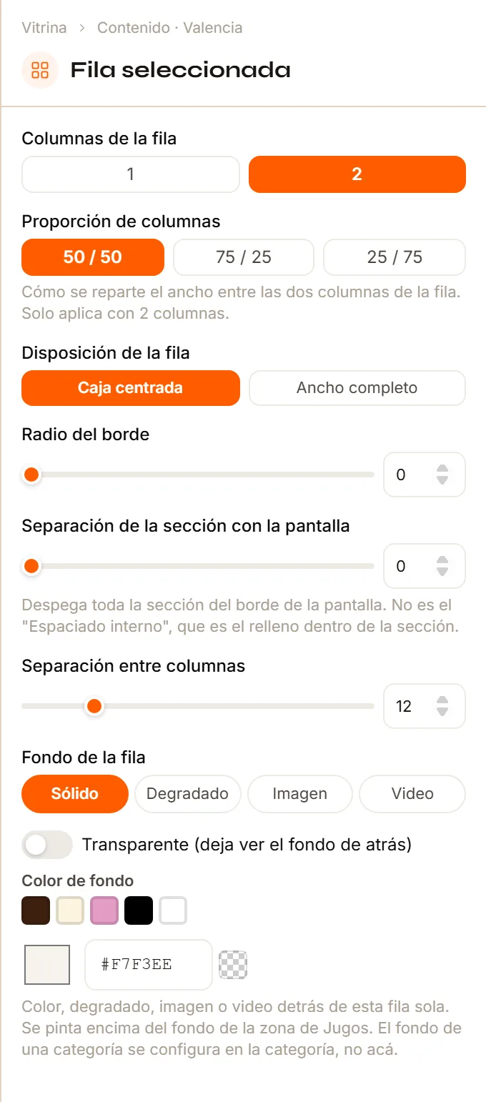 El Inspector de una fila seleccionada con sus ajustes: Columnas de la fila, Proporción, Disposición, Radio del borde, Separación y Fondo.