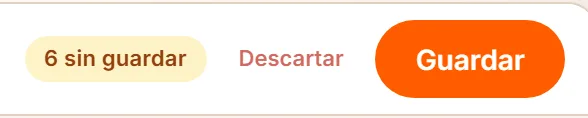 La zona derecha de la barra superior con el contador de cambios sin guardar y los botones Descartar y Guardar activos.