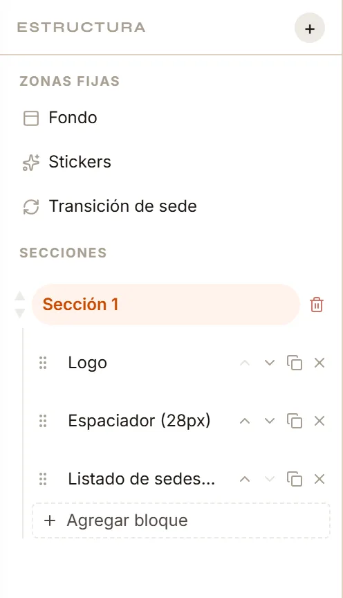 La columna Estructura de Landing Multi-Sedes, con las zonas fijas Fondo, Stickers y Transición de sede, y debajo las secciones de la página.