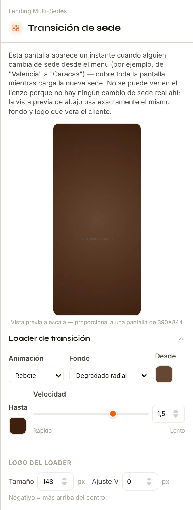 El Inspector de Transición de sede con la vista previa a escala, el desplegable Loader de transición y los ajustes del logo del loader.