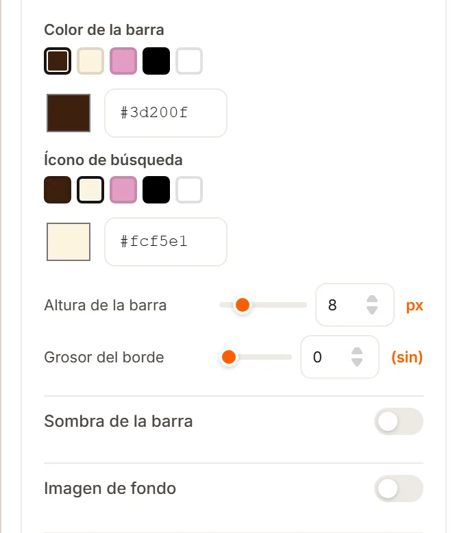El grupo Opciones de fondo de la barra con Color de la barra, Ícono de búsqueda, Altura de la barra, Grosor del borde y los interruptores de sombra e imagen.