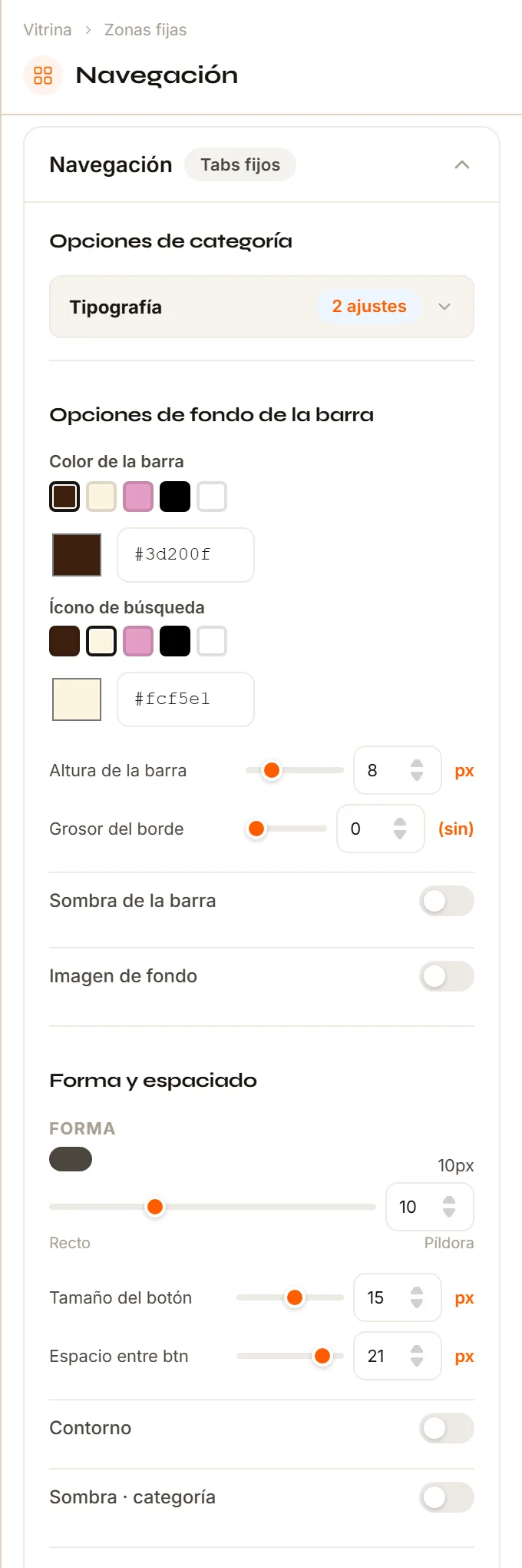El Inspector de la Navegación con sus tres primeros grupos: Opciones de categoría, Opciones de fondo de la barra y Forma y espaciado. Más abajo, si tu menú tiene subcategorías, aparece el cuarto: Opciones de subcategoría.