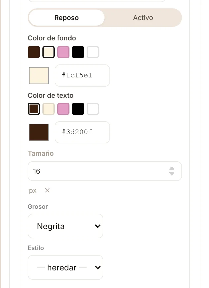 El grupo Tipografía de Opciones de categoría, con las pestañas Reposo y Activo y los ajustes de color y letra.