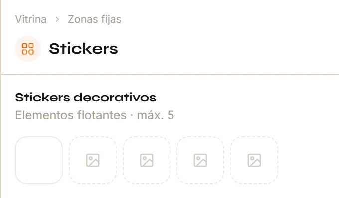 El panel Stickers decorativos con cinco espacios para agregar un sticker.