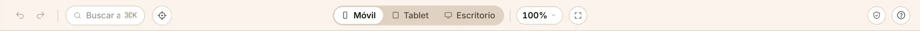La barra de herramientas del builder, de izquierda a derecha: deshacer y rehacer, buscar ajuste, Click to Find, dispositivos, zoom, solo lienzo, copia de seguridad y ayuda.