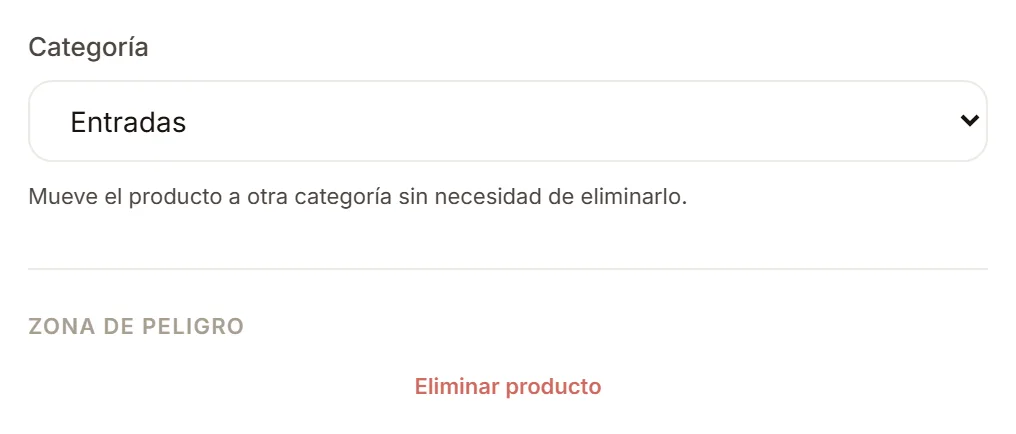 El final de la pestaña Información: el selector Categoría y debajo la Zona de peligro con el botón Eliminar producto.