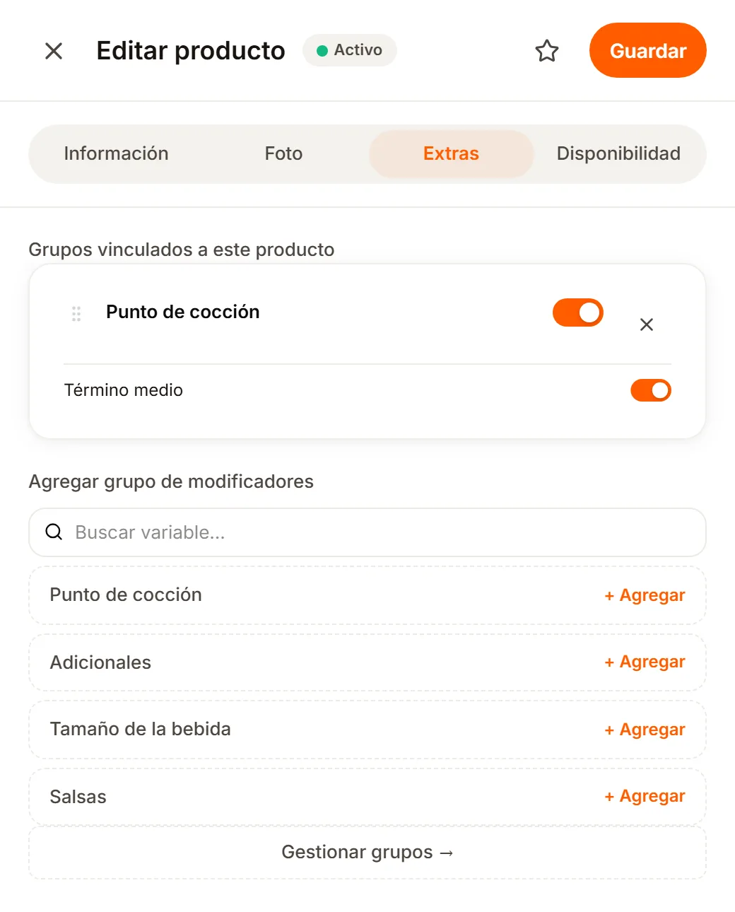 La pestaña Extras de un producto: el grupo vinculado «Punto de cocción» con su interruptor y su opción, la lista de grupos que se pueden agregar con + Agregar y el botón Gestionar grupos.