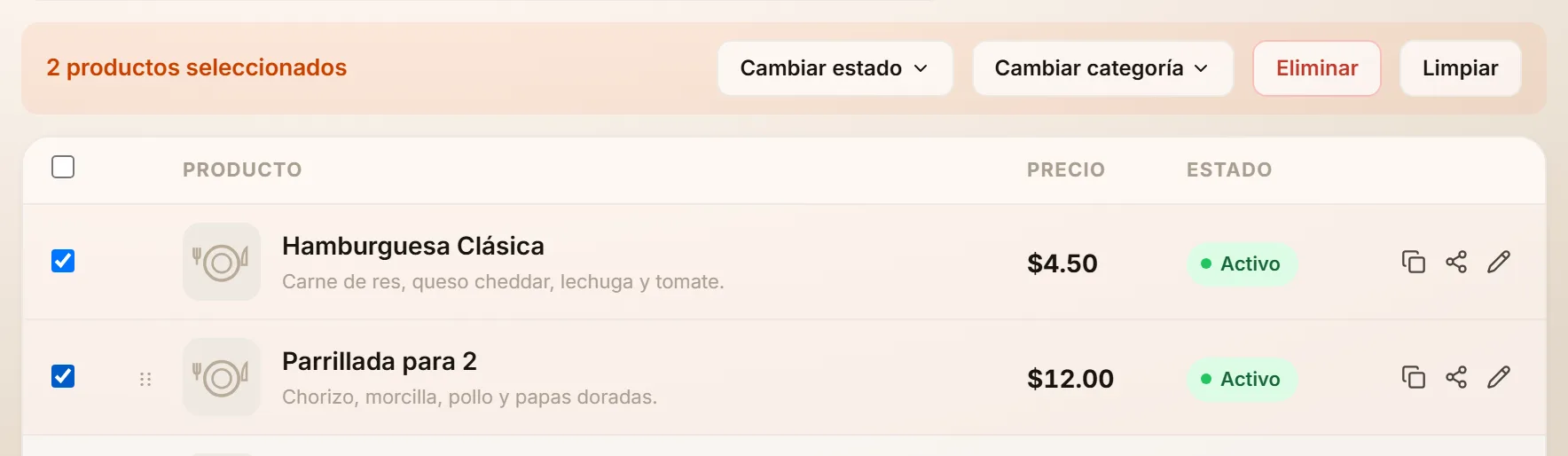La barra de selección de Productos con «2 productos seleccionados» y los botones Cambiar estado, Cambiar categoría, Eliminar y Limpiar, sobre dos filas marcadas.