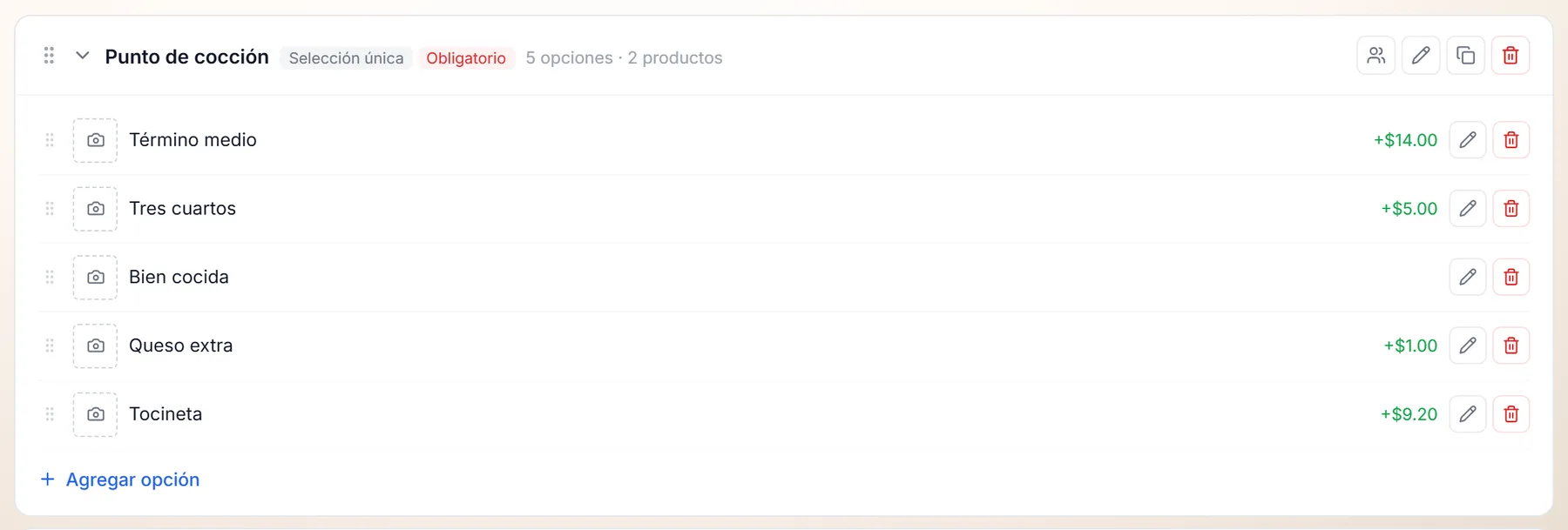 Un grupo desplegado en Variables: cinco opciones, cada una con su cuadro de cámara, su nombre, su precio adicional en verde y los botones de editar y eliminar, y debajo Agregar opción.