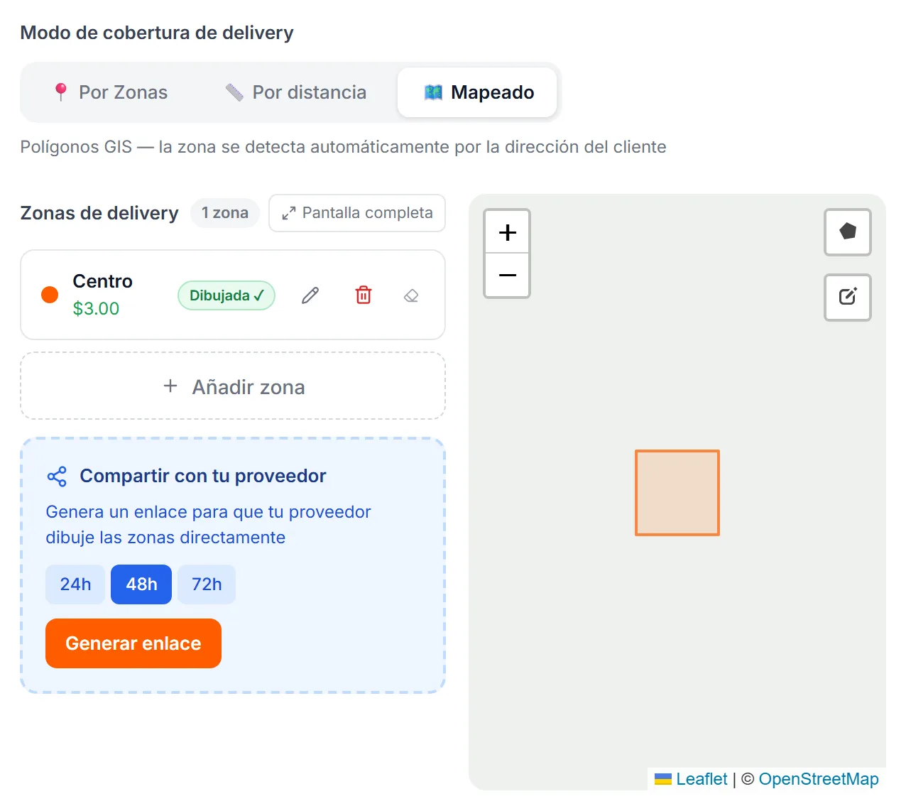 El modo Mapeado de Delivery: la lista de zonas a la izquierda, con su costo y su estado, y el mapa para dibujar a la derecha; debajo de la lista, Añadir zona y Compartir con tu proveedor.