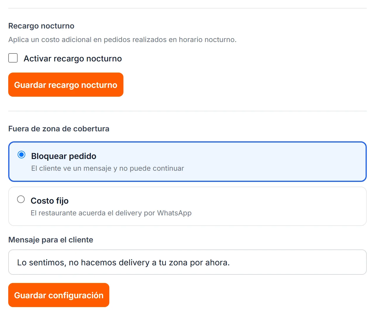El final de la sección Delivery: el bloque Recargo nocturno con su casilla y su botón, y debajo Fuera de zona de cobertura con las opciones Bloquear pedido y Costo fijo, el mensaje para el cliente y Guardar configuración.