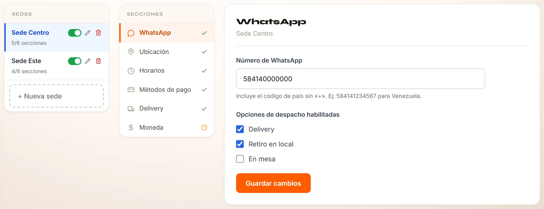 La pantalla Negocio › Configuración con tres columnas: las sedes a la izquierda, las seis secciones en el centro y el panel de la sección elegida (WhatsApp) a la derecha.