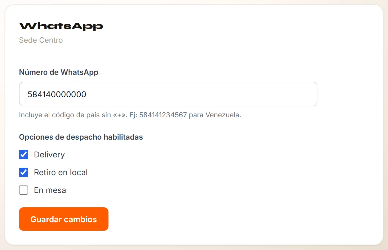 La sección WhatsApp de una sede: el número de WhatsApp, las tres opciones de despacho (Delivery y Retiro en local marcadas, En mesa sin marcar) y el botón Guardar cambios.